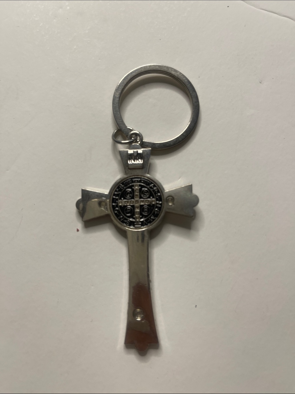 Silver Cross Keychain with Medallion